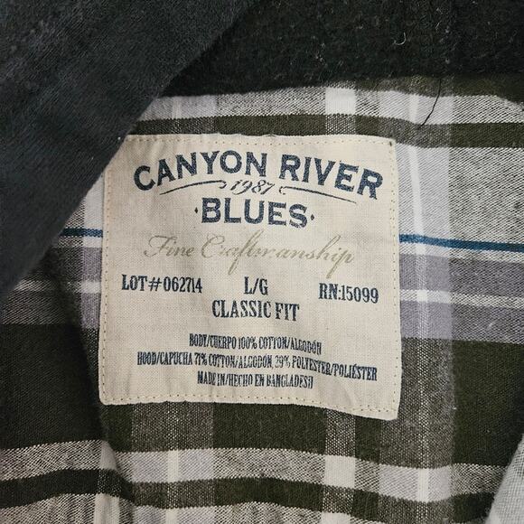 Canyon River Blues Green Plaid Long Sleeve Flannel Button Up Jersey Hoodie L - Picture 10 of 10